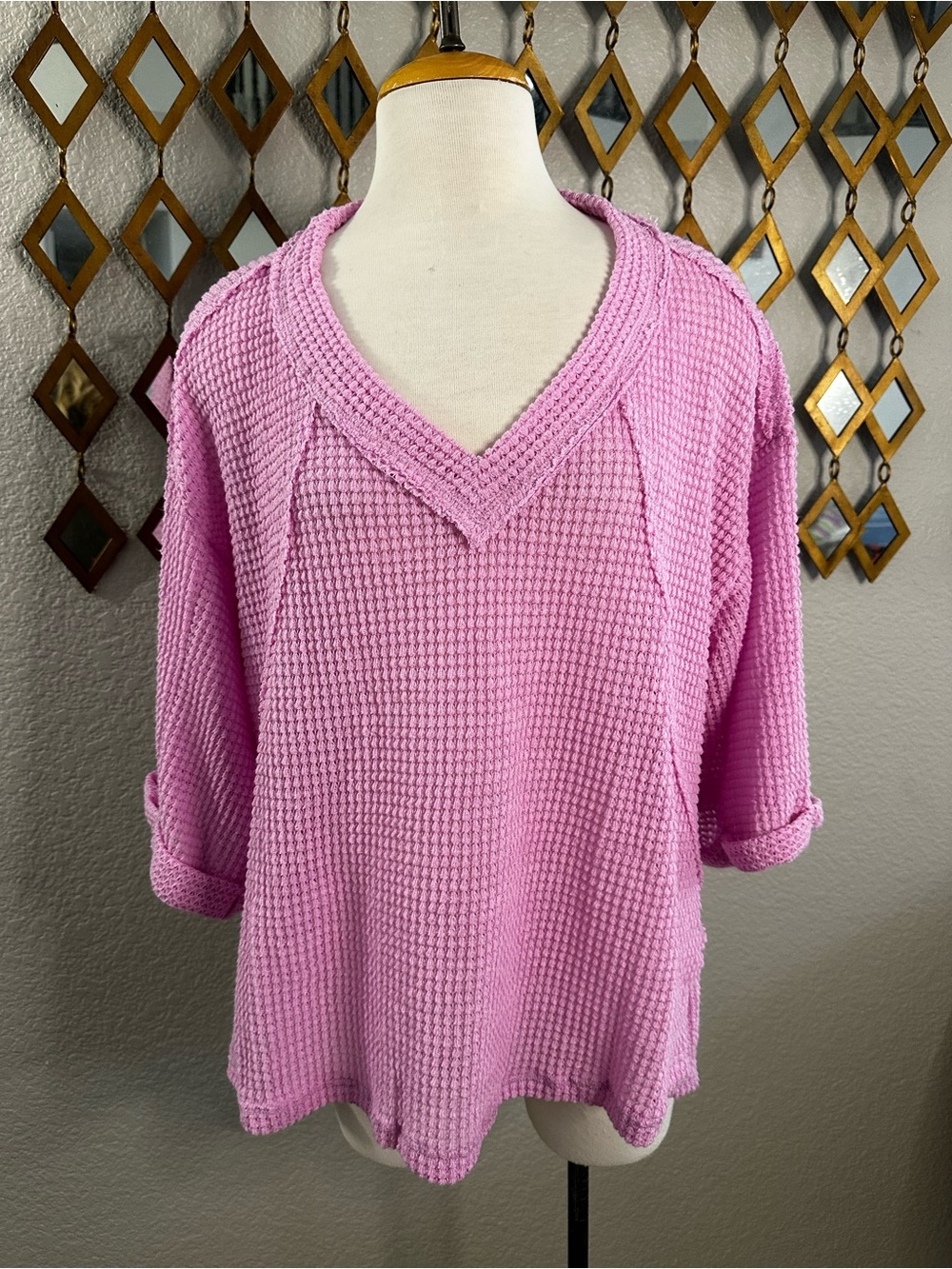 NWT Umgee Pink Waffle Knit Exposed Seam High Low Top